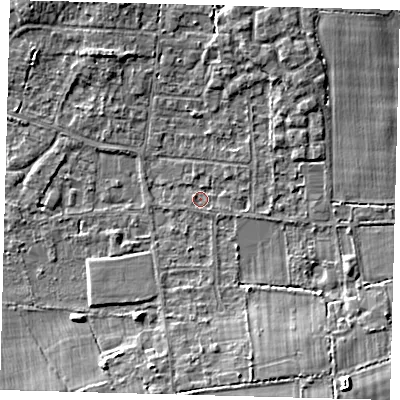 Shaded relief map of the ground around RH69JL, computed from Environment Agency LiDAR. The ground here sits at about 58 m above sea level and falls 9 m across the surrounding 800 m. Surface water reaching this point runs off ground lying to the south-east, 7.6 m higher.