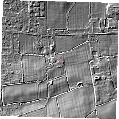 Shaded relief map of the ground around RH69JN, computed from Environment Agency LiDAR. The ground here sits at about 60 m above sea level and falls 11 m across the surrounding 800 m. Surface water reaching this point runs off ground lying to the south-south-west, 5.2 m higher.