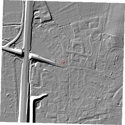 Shaded relief map of the ground around RH69JQ, computed from Environment Agency LiDAR. The ground here sits at about 57 m above sea level and falls 9 m across the surrounding 800 m. Surface water reaching this point runs off ground lying to the east-north-east, 1.1 m higher.