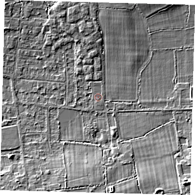 Shaded relief map of the ground around RH69JW, computed from Environment Agency LiDAR. The ground here sits at about 59 m above sea level and falls 11 m across the surrounding 800 m. Surface water reaching this point runs off ground lying to the south-east, 9.8 m higher.