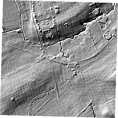 Shaded relief map of the ground around RH69JZ, computed from Environment Agency LiDAR. The ground here sits at about 55 m above sea level and falls 8 m across the surrounding 800 m. Surface water reaching this point runs off ground lying to the south-south-east, 0.8 m higher.