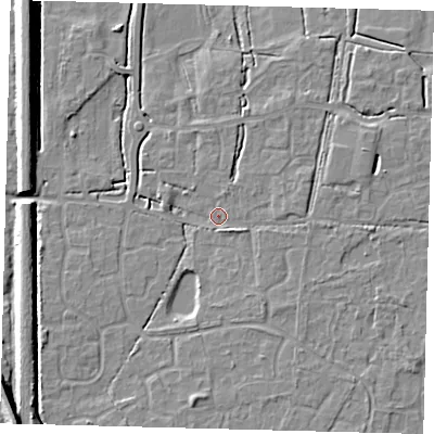 Shaded relief map of the ground around RH69LJ, computed from Environment Agency LiDAR. The ground here sits at about 55 m above sea level and falls 10 m across the surrounding 800 m. Surface water reaching this point runs off ground lying to the south-east, 2.0 m higher.