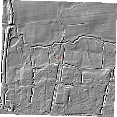 Shaded relief map of the ground around RH69LL, computed from Environment Agency LiDAR. The ground here sits at about 54 m above sea level and falls 4 m across the surrounding 800 m. Surface water reaching this point runs off ground lying to the south, 3.4 m higher.