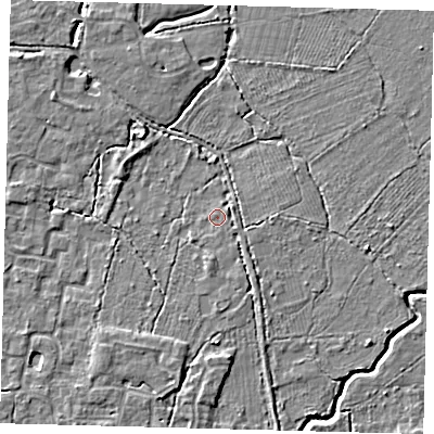 Shaded relief map of the ground around RH69LN, computed from Environment Agency LiDAR. The ground here sits at about 55 m above sea level and falls 4 m across the surrounding 800 m. Surface water reaching this point runs off ground lying to the south, 2.5 m higher.