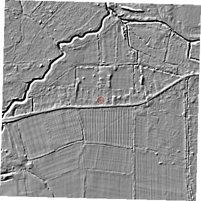 Shaded relief map of the ground around RH69LR, computed from Environment Agency LiDAR. The ground here sits at about 56 m above sea level and falls 4 m across the surrounding 800 m. Surface water reaching this point runs off ground lying to the south-south-west, 0.7 m higher.