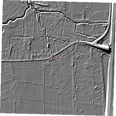 Shaded relief map of the ground around RH69LS, computed from Environment Agency LiDAR. The ground here sits at about 56 m above sea level and falls 10 m across the surrounding 800 m. Surface water reaching this point runs off ground lying to the west-south-west, 1.5 m higher.