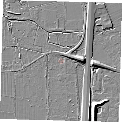 Shaded relief map of the ground around RH69LT, computed from Environment Agency LiDAR. The ground here sits at about 56 m above sea level and falls 12 m across the surrounding 800 m. Surface water reaching this point runs off ground lying to the east, 7.0 m higher.