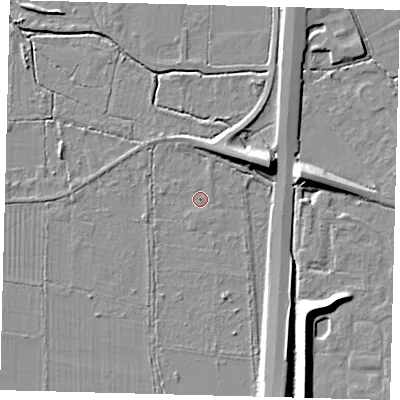 Shaded relief map of the ground around RH69LU, computed from Environment Agency LiDAR. The ground here sits at about 56 m above sea level and falls 10 m across the surrounding 800 m. Surface water reaching this point runs off ground lying to the east-north-east, 8.1 m higher.