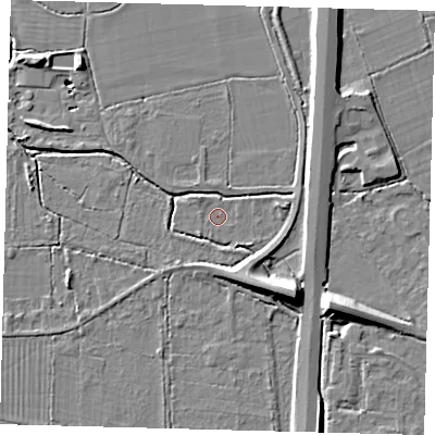 Shaded relief map of the ground around RH69LX, computed from Environment Agency LiDAR. The ground here sits at about 56 m above sea level and falls 11 m across the surrounding 800 m. The ground contributing surface water to this point lies to the north-east.