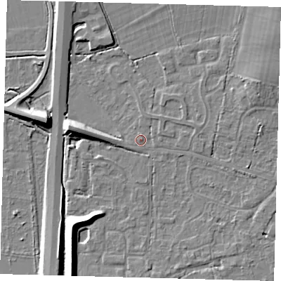 Shaded relief map of the ground around RH69LY, computed from Environment Agency LiDAR. The ground here sits at about 57 m above sea level and falls 9 m across the surrounding 800 m. Surface water reaching this point runs off ground lying to the east-north-east, 1.1 m higher.