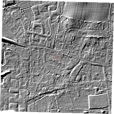 Shaded relief map of the ground around RH69LZ, computed from Environment Agency LiDAR. The ground here sits at about 57 m above sea level and falls 8 m across the surrounding 800 m. Surface water reaching this point runs off ground lying to the east, 1.1 m higher.