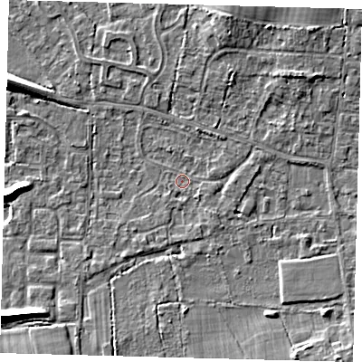 Shaded relief map of the ground around RH69NA, computed from Environment Agency LiDAR. The ground here sits at about 57 m above sea level and falls 8 m across the surrounding 800 m. Surface water reaching this point runs off ground lying to the south-south-east, 4.3 m higher.