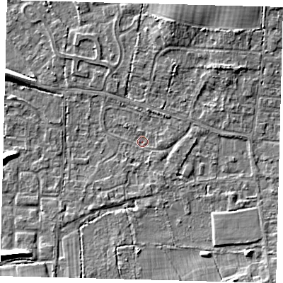 Shaded relief map of the ground around RH69ND, computed from Environment Agency LiDAR. The ground here sits at about 57 m above sea level and falls 7 m across the surrounding 800 m. Surface water reaching this point runs off ground lying to the south-south-east, 2.8 m higher.