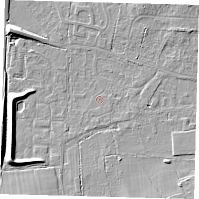 Shaded relief map of the ground around RH69NE, computed from Environment Agency LiDAR. The ground here sits at about 57 m above sea level and falls 10 m across the surrounding 800 m. Surface water reaching this point runs off ground lying to the south-south-west, 1.6 m higher.