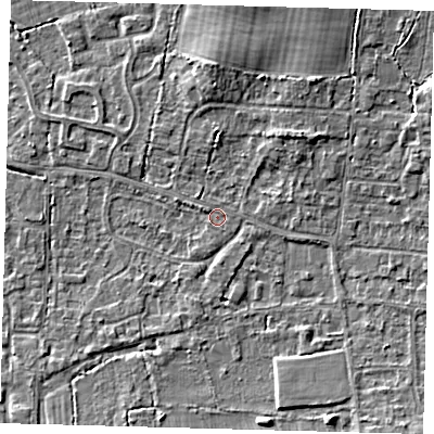 Shaded relief map of the ground around RH69NG, computed from Environment Agency LiDAR. The ground here sits at about 57 m above sea level and falls 5 m across the surrounding 800 m. Surface water reaching this point runs off ground lying to the west-north-west, 0.7 m higher.