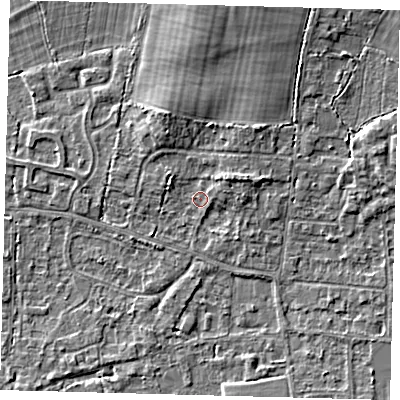 Shaded relief map of the ground around RH69NH, computed from Environment Agency LiDAR. The ground here sits at about 58 m above sea level and falls 5 m across the surrounding 800 m. Surface water reaching this point runs off ground lying to the east-north-east, 2.1 m higher.