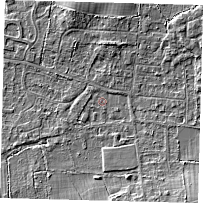 Shaded relief map of the ground around RH69NJ, computed from Environment Agency LiDAR. The ground here sits at about 57 m above sea level and falls 6 m across the surrounding 800 m. Surface water reaching this point runs off ground lying to the south-east, 5.8 m higher.