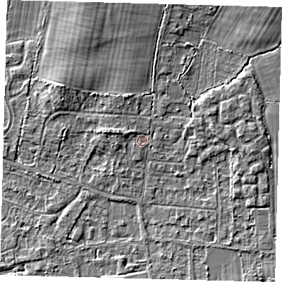 Shaded relief map of the ground around RH69NL, computed from Environment Agency LiDAR. The ground here sits at about 58 m above sea level and falls 6 m across the surrounding 800 m. Surface water reaching this point runs off ground lying to the north-east, 4.9 m higher.
