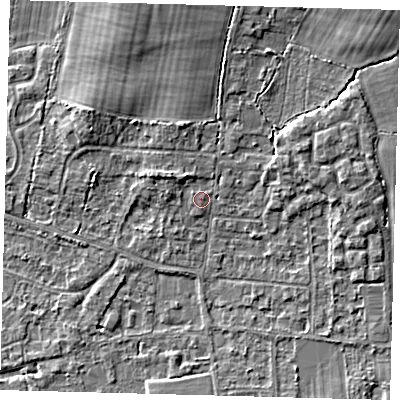 Shaded relief map of the ground around RH69NN, computed from Environment Agency LiDAR. The ground here sits at about 58 m above sea level and falls 6 m across the surrounding 800 m. Surface water reaching this point runs off ground lying to the north-east, 4.9 m higher.