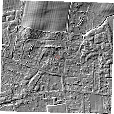 Shaded relief map of the ground around RH69NP, computed from Environment Agency LiDAR. The ground here sits at about 58 m above sea level and falls 6 m across the surrounding 800 m. Surface water reaching this point runs off ground lying to the north-north-west, 2.0 m higher.
