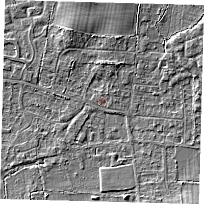 Shaded relief map of the ground around RH69NQ, computed from Environment Agency LiDAR. The ground here sits at about 58 m above sea level and falls 5 m across the surrounding 800 m. Surface water reaching this point runs off ground lying to the south-east, 4.6 m higher.