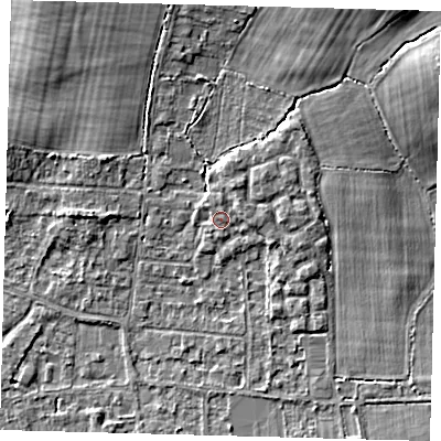 Shaded relief map of the ground around RH69NR, computed from Environment Agency LiDAR. The ground here sits at about 59 m above sea level and falls 9 m across the surrounding 800 m. Surface water reaching this point runs off ground lying to the north-north-east, 1.8 m higher.