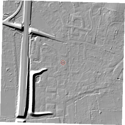 Shaded relief map of the ground around RH69NT, computed from Environment Agency LiDAR. The ground here sits at about 57 m above sea level and falls 10 m across the surrounding 800 m. Surface water reaching this point runs off ground lying to the south-south-west, 8.9 m higher.