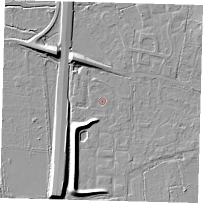 Shaded relief map of the ground around RH69NU, computed from Environment Agency LiDAR. The ground here sits at about 57 m above sea level and falls 10 m across the surrounding 800 m. Surface water reaching this point runs off ground lying to the south-south-west, 8.9 m higher.