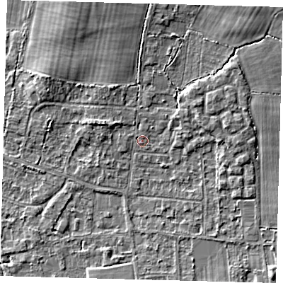 Shaded relief map of the ground around RH69NW, computed from Environment Agency LiDAR. The ground here sits at about 58 m above sea level and falls 6 m across the surrounding 800 m. Surface water reaching this point runs off ground lying to the north-east, 4.8 m higher.