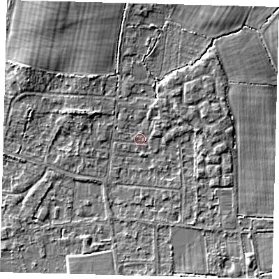Shaded relief map of the ground around RH69NY, computed from Environment Agency LiDAR. The ground here sits at about 58 m above sea level and falls 6 m across the surrounding 800 m. Surface water reaching this point runs off ground lying to the north-north-east, 1.4 m higher.