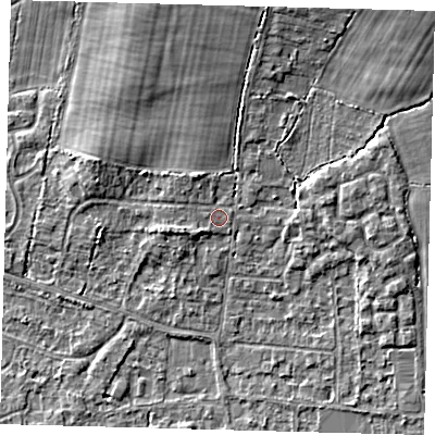 Shaded relief map of the ground around RH69NZ, computed from Environment Agency LiDAR. The ground here sits at about 58 m above sea level and falls 8 m across the surrounding 800 m. Surface water reaching this point runs off ground lying to the north-north-west, 1.5 m higher.