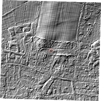 Shaded relief map of the ground around RH69PB, computed from Environment Agency LiDAR. The ground here sits at about 58 m above sea level and falls 7 m across the surrounding 800 m. Surface water reaching this point runs off ground lying to the north, 3.7 m higher.