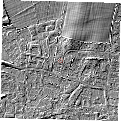 Shaded relief map of the ground around RH69PD, computed from Environment Agency LiDAR. The ground here sits at about 58 m above sea level and falls 7 m across the surrounding 800 m. The ground contributing surface water to this point lies to the north-north-west.