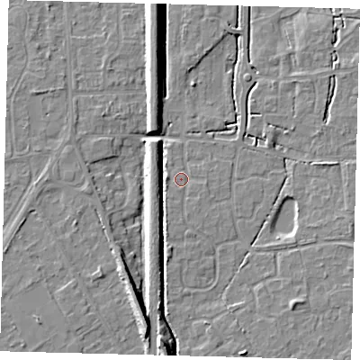 Shaded relief map of the ground around RH69PG, computed from Environment Agency LiDAR. The ground here sits at about 55 m above sea level and falls 10 m across the surrounding 800 m. Surface water reaching this point runs off ground lying to the south-south-west, 1.6 m higher.
