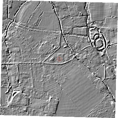 Shaded relief map of the ground around RH69PH, computed from Environment Agency LiDAR. The ground here sits at about 58 m above sea level and falls 5 m across the surrounding 800 m. Surface water reaching this point runs off ground lying to the west, 0.7 m higher.