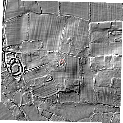Shaded relief map of the ground around RH69PJ, computed from Environment Agency LiDAR. The ground here sits at about 61 m above sea level and falls 6 m across the surrounding 800 m. Surface water reaching this point runs off ground lying to the south-south-east, 0.9 m higher.