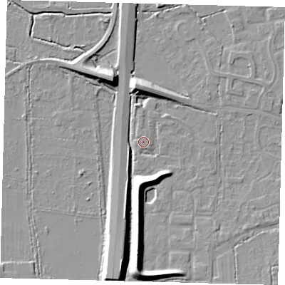 Shaded relief map of the ground around RH69PL, computed from Environment Agency LiDAR. The ground here sits at about 57 m above sea level and falls 10 m across the surrounding 800 m. Surface water reaching this point runs off ground lying to the south, 8.9 m higher.
