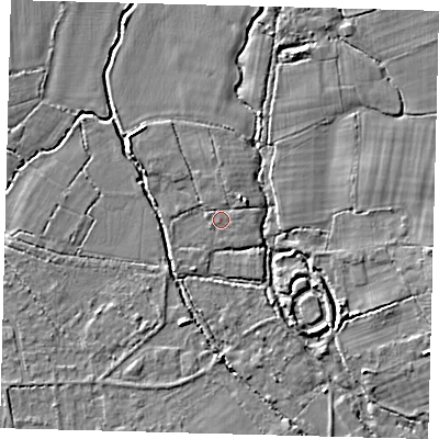 Shaded relief map of the ground around RH69PN, computed from Environment Agency LiDAR. The ground here sits at about 57 m above sea level and falls 6 m across the surrounding 800 m. Surface water reaching this point runs off ground lying to the south-west, 0.9 m higher.