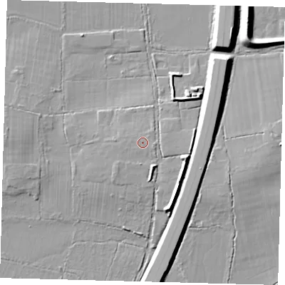 Shaded relief map of the ground around RH69PP, computed from Environment Agency LiDAR. The ground here sits at about 61 m above sea level and falls 11 m across the surrounding 800 m. Surface water reaching this point runs off ground lying to the east, 1.0 m higher.