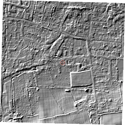 Shaded relief map of the ground around RH69PT, computed from Environment Agency LiDAR. The ground here sits at about 58 m above sea level and falls 7 m across the surrounding 800 m. Surface water reaching this point runs off ground lying to the south-south-east, 5.1 m higher.