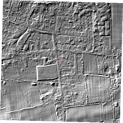 Shaded relief map of the ground around RH69PX, computed from Environment Agency LiDAR. The ground here sits at about 58 m above sea level and falls 9 m across the surrounding 800 m. Surface water reaching this point runs off ground lying to the south-east, 5.9 m higher.