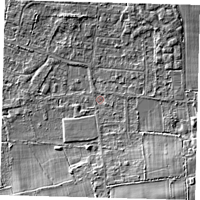 Shaded relief map of the ground around RH69PY, computed from Environment Agency LiDAR. The ground here sits at about 58 m above sea level and falls 9 m across the surrounding 800 m. Surface water reaching this point runs off ground lying to the south-east, 6.2 m higher.
