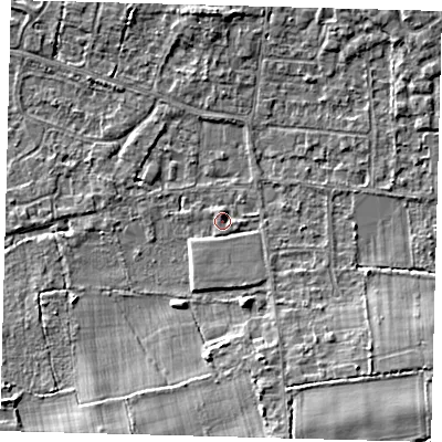Shaded relief map of the ground around RH69QJ, computed from Environment Agency LiDAR. The ground here sits at about 58 m above sea level and falls 7 m across the surrounding 800 m. Surface water reaching this point runs off ground lying to the south-south-west, 1.2 m higher.