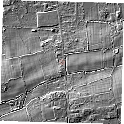Shaded relief map of the ground around RH69QL, computed from Environment Agency LiDAR. The ground here sits at about 62 m above sea level and falls 12 m across the surrounding 800 m. Surface water reaching this point runs off ground lying to the south-south-east, 6.2 m higher.