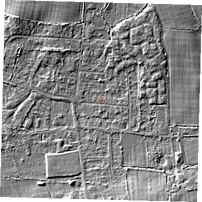 Shaded relief map of the ground around RH69QN, computed from Environment Agency LiDAR. The ground here sits at about 58 m above sea level and falls 6 m across the surrounding 800 m. Surface water reaching this point runs off ground lying to the south-east, 1.0 m higher.