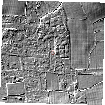 Shaded relief map of the ground around RH69QP, computed from Environment Agency LiDAR. The ground here sits at about 58 m above sea level and falls 7 m across the surrounding 800 m. Surface water reaching this point runs off ground lying to the north-east, 1.5 m higher.