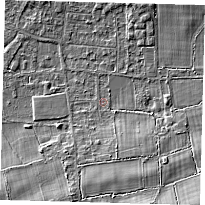 Shaded relief map of the ground around RH69QR, computed from Environment Agency LiDAR. The ground here sits at about 58 m above sea level and falls 10 m across the surrounding 800 m. Surface water reaching this point runs off ground lying to the south-south-east, 3.8 m higher.
