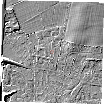Shaded relief map of the ground around RH69QS, computed from Environment Agency LiDAR. The ground here sits at about 57 m above sea level and falls 9 m across the surrounding 800 m. The ground contributing surface water to this point lies to the south-south-west.