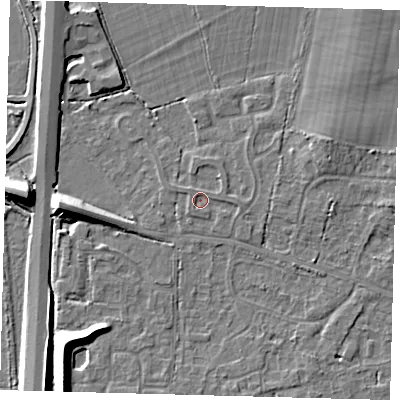 Shaded relief map of the ground around RH69QT, computed from Environment Agency LiDAR. The ground here sits at about 57 m above sea level and falls 9 m across the surrounding 800 m. Surface water reaching this point runs off ground lying to the east, 0.8 m higher.