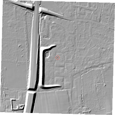 Shaded relief map of the ground around RH69QU, computed from Environment Agency LiDAR. The ground here sits at about 57 m above sea level and falls 10 m across the surrounding 800 m. Surface water reaching this point runs off ground lying to the south-east, 1.3 m higher.